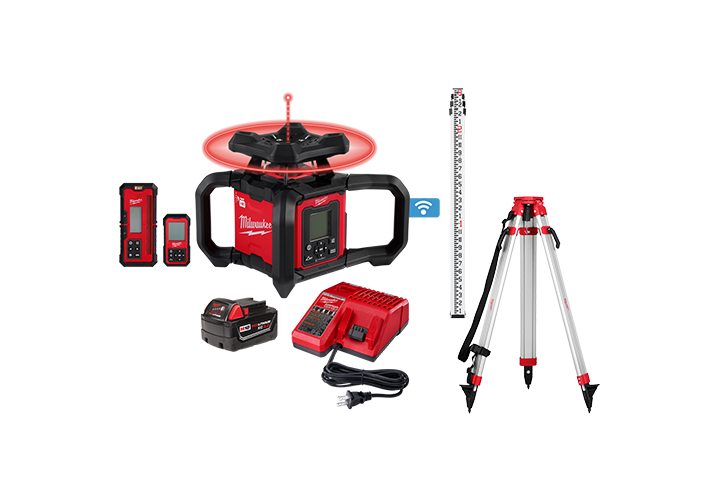 M18™ Red Exterior Dual Slope Rotary Laser Level Kit w/ Receiver, Remote, Grade Rod & Tripod Image 1